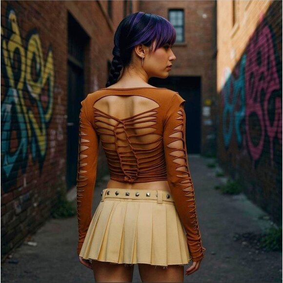 Current Mood Earth Brown Slashed Long Sleeve Crop Top XS - Picture 9 of 9